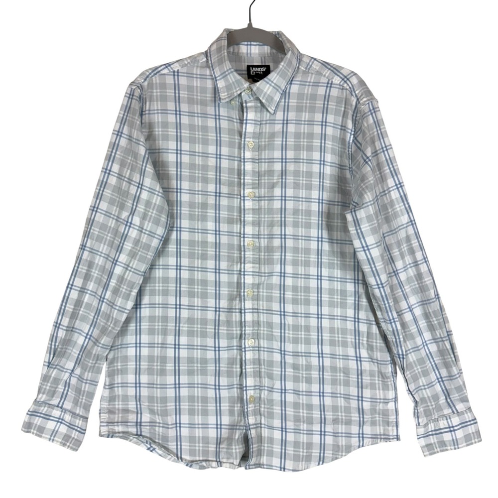 Lands' End Shirt Mens Medium Gray Plaid Long Sleeve Button Down Stretch Casual